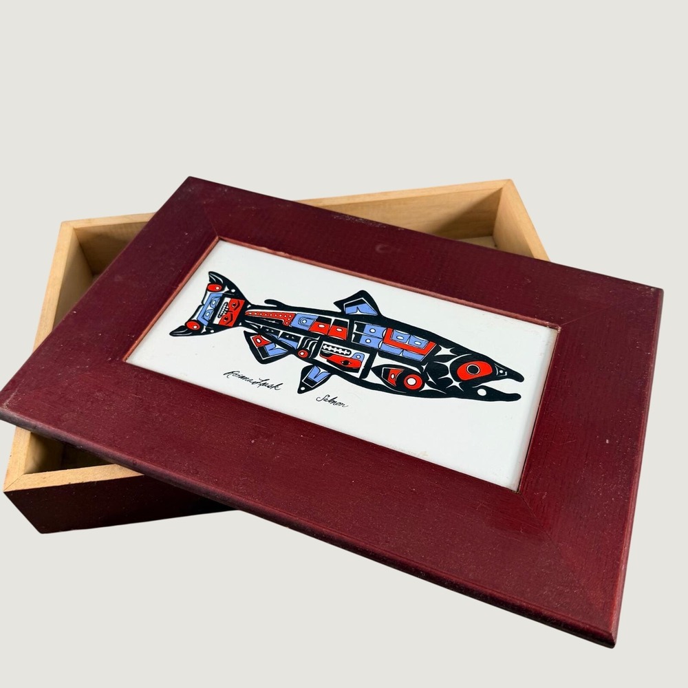 Roxana Leask Salmon Fish Indigenous Art Tile Cherry Wood Keepsake Box